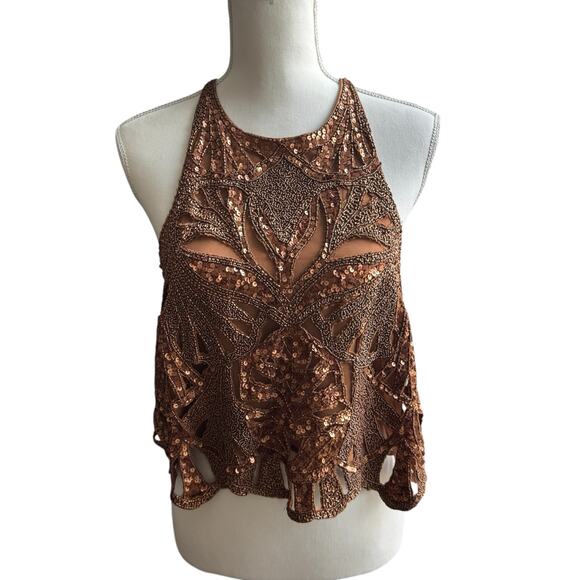 MAEVE by Anthropologie Top Size L Brown Embellished Cutwork Cross Back Tank NWT - Picture 15 of 16